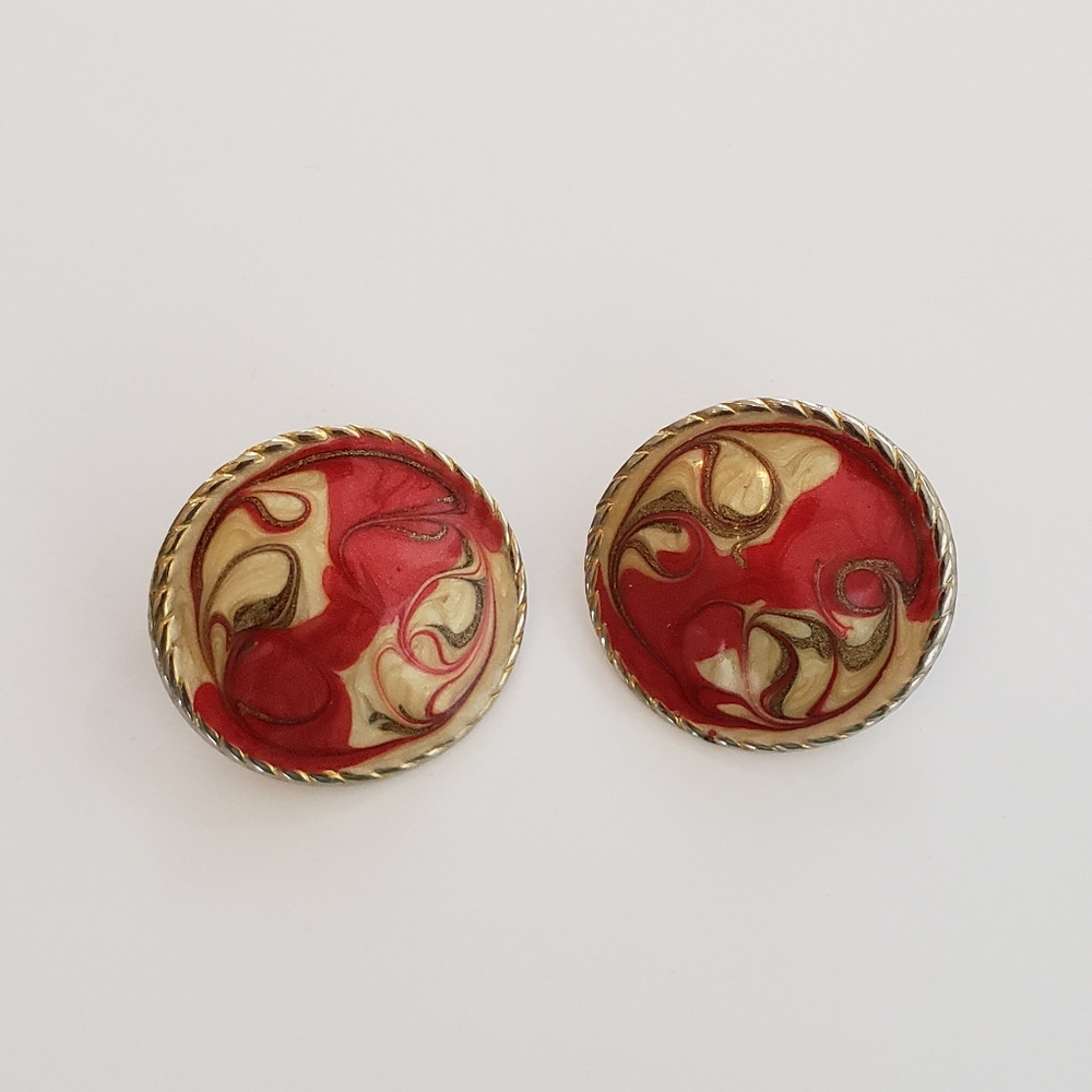Vintage Red and Gold enameled disk earrings glitter sparkle holiday
